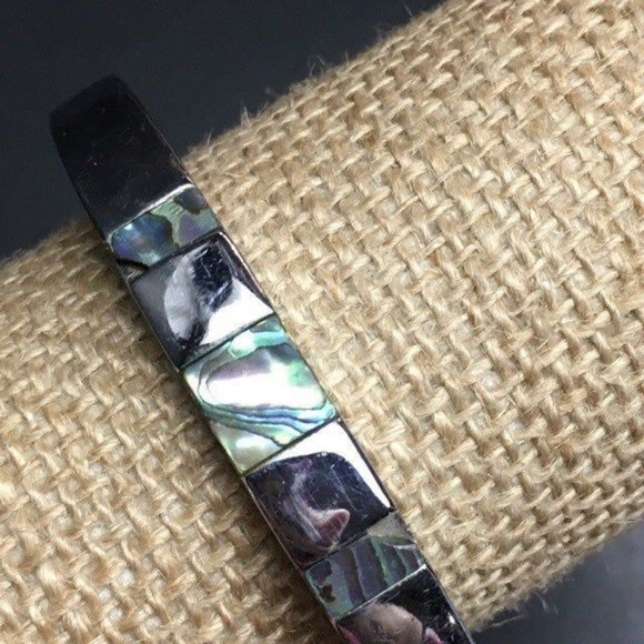 MOP Open Bangle Bracelet As Is Turquoise Blue Green Silver Beach Retro Boho - Picture 1 of 6